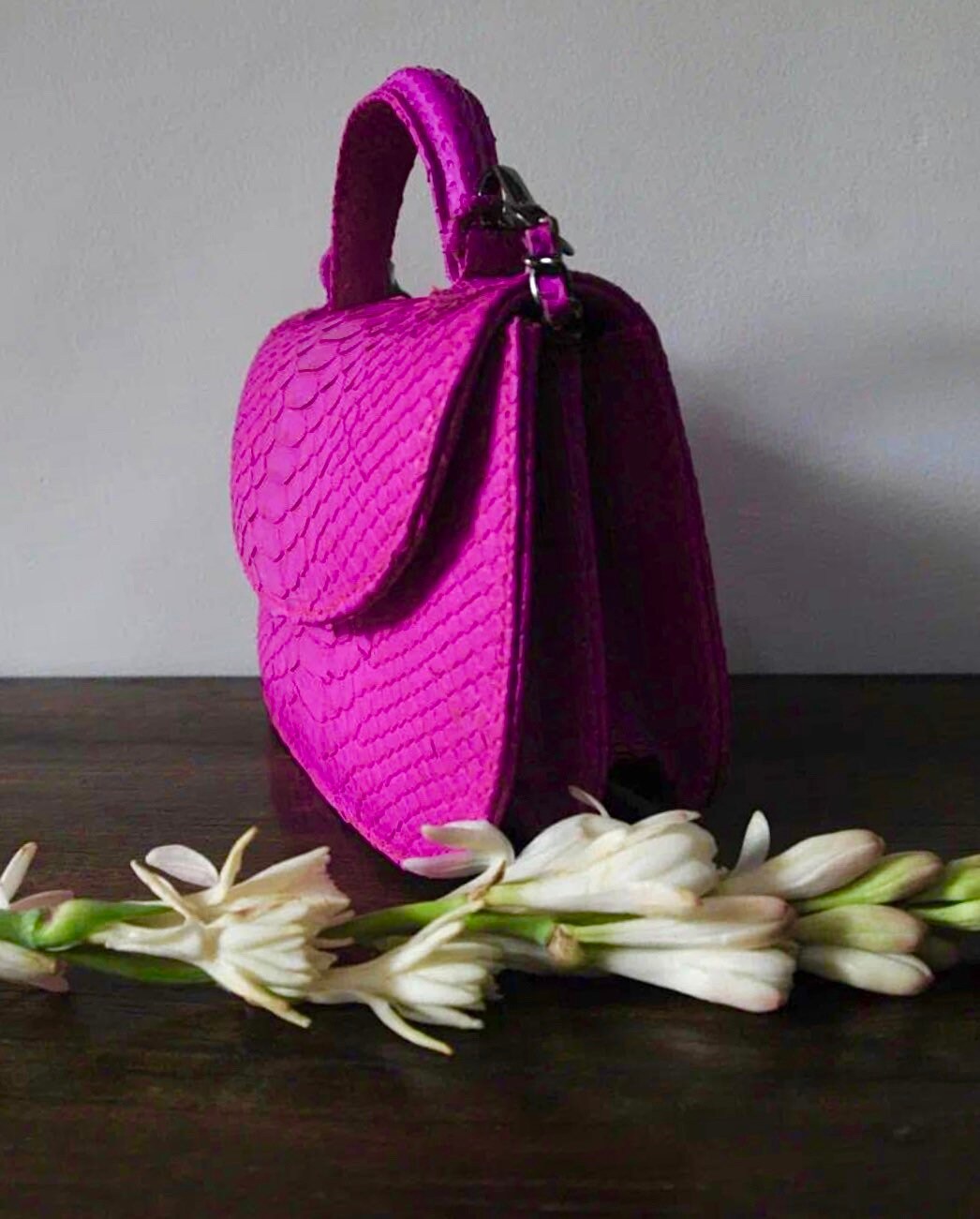 Genuine Python Skin Top Handle Crossbody Bag — Hot Pink