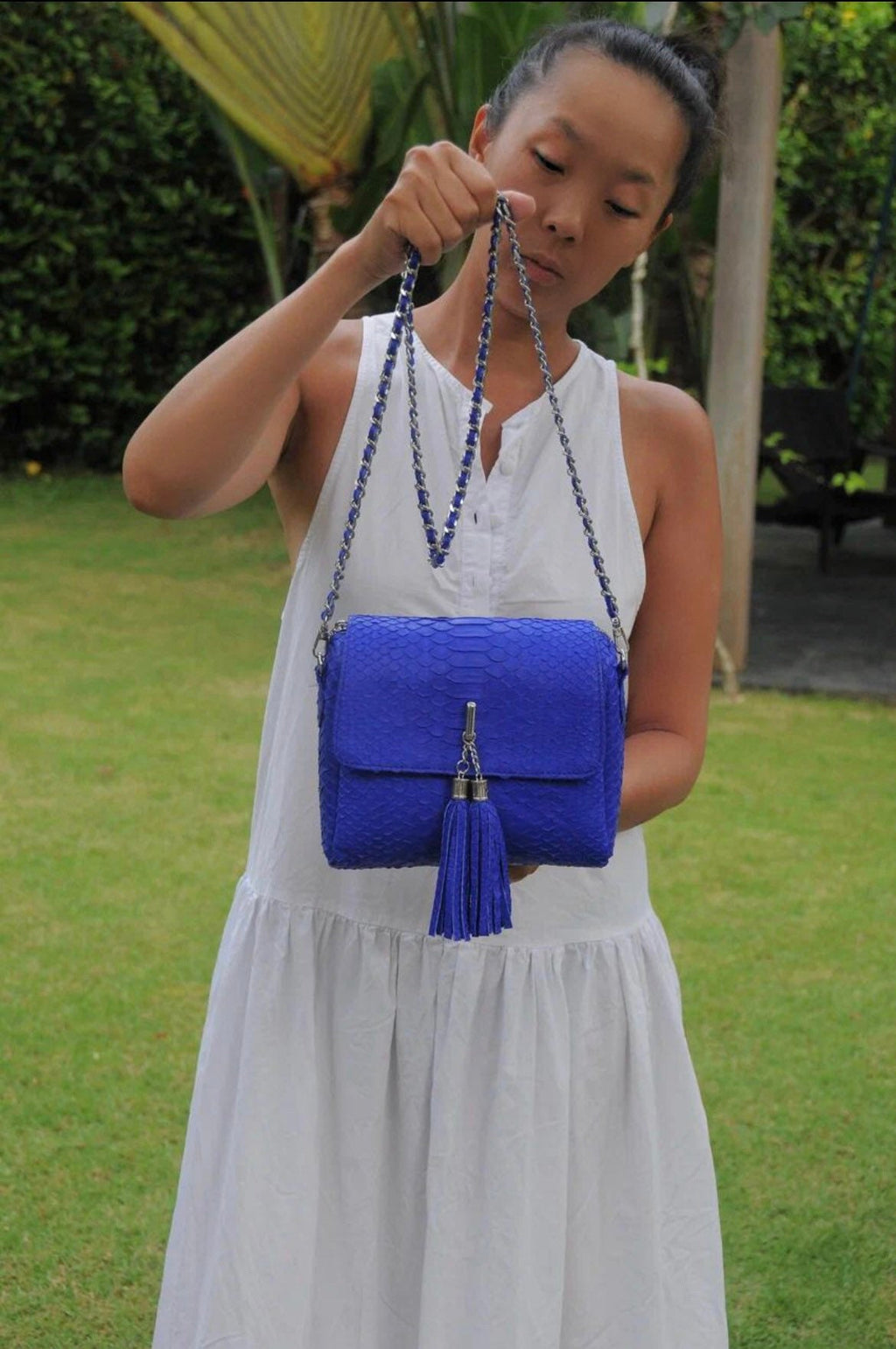 Genuine Python Skin Chain Crossbody Bag — Electric Blue