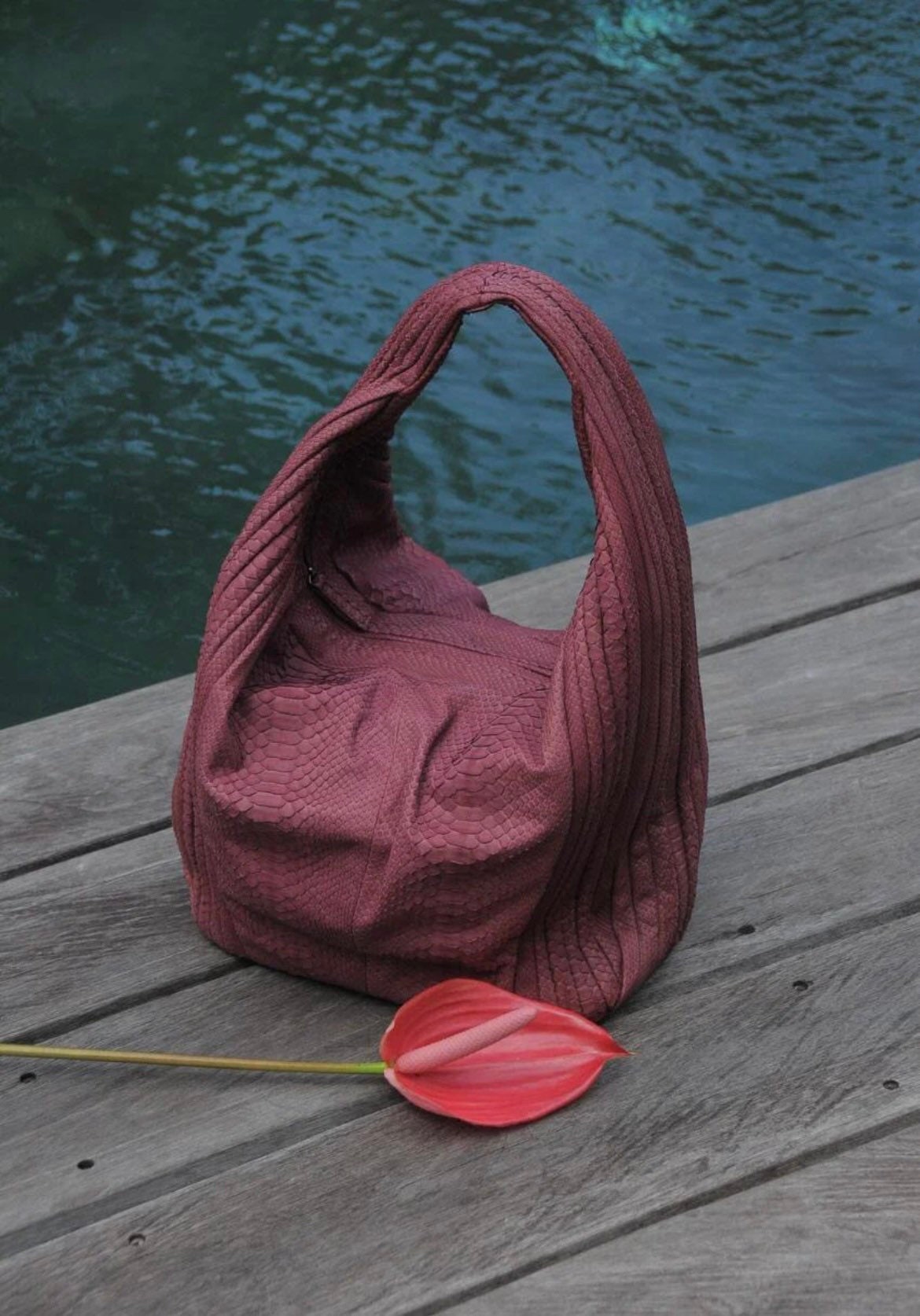 Big Soft Hobo Python Skin Bag — Wine
