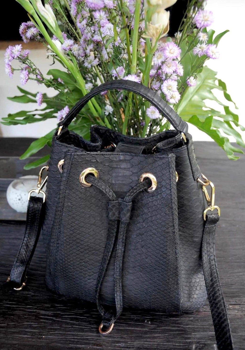 Genuine Python Skin Bucket Crossbody Bag — Black