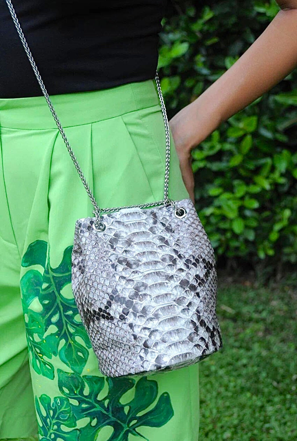 Genuine Python Skin Bucket Bag — Grey