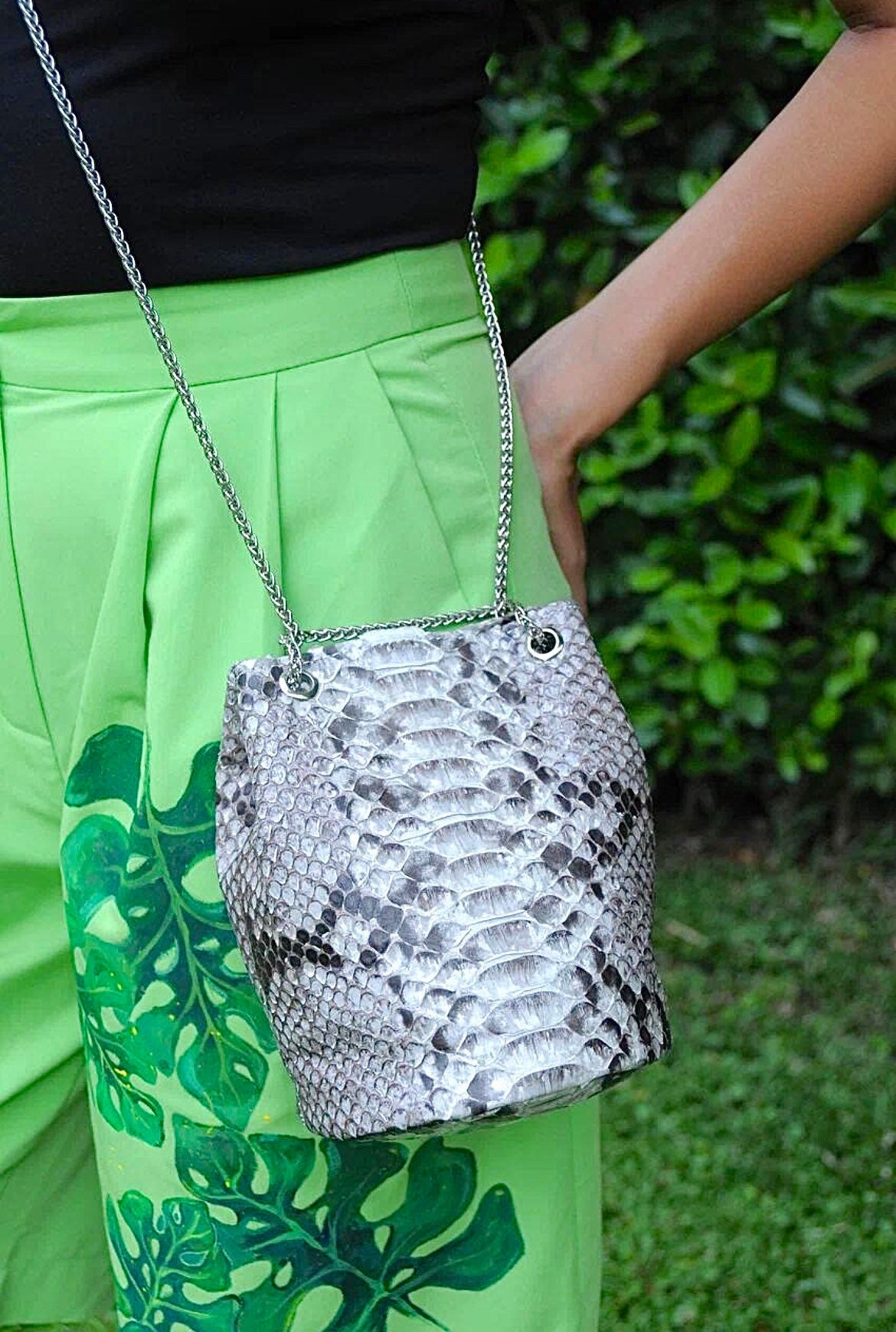 Genuine Python Skin Bucket Bag — Grey