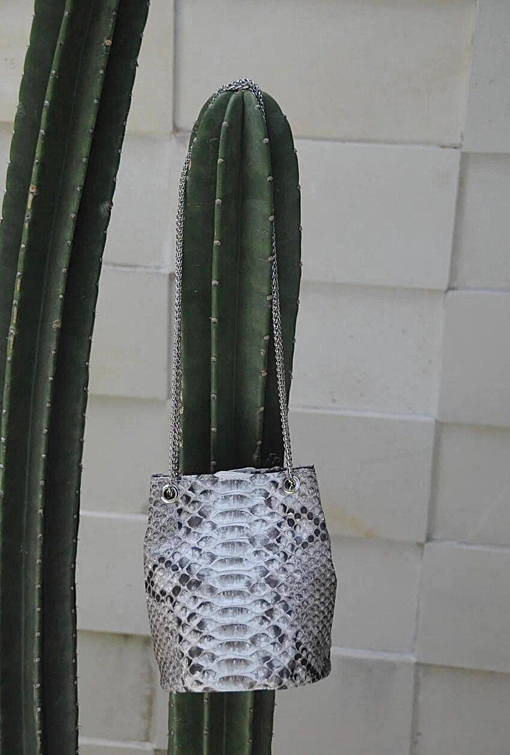 Genuine Python Skin Bucket Bag — Grey