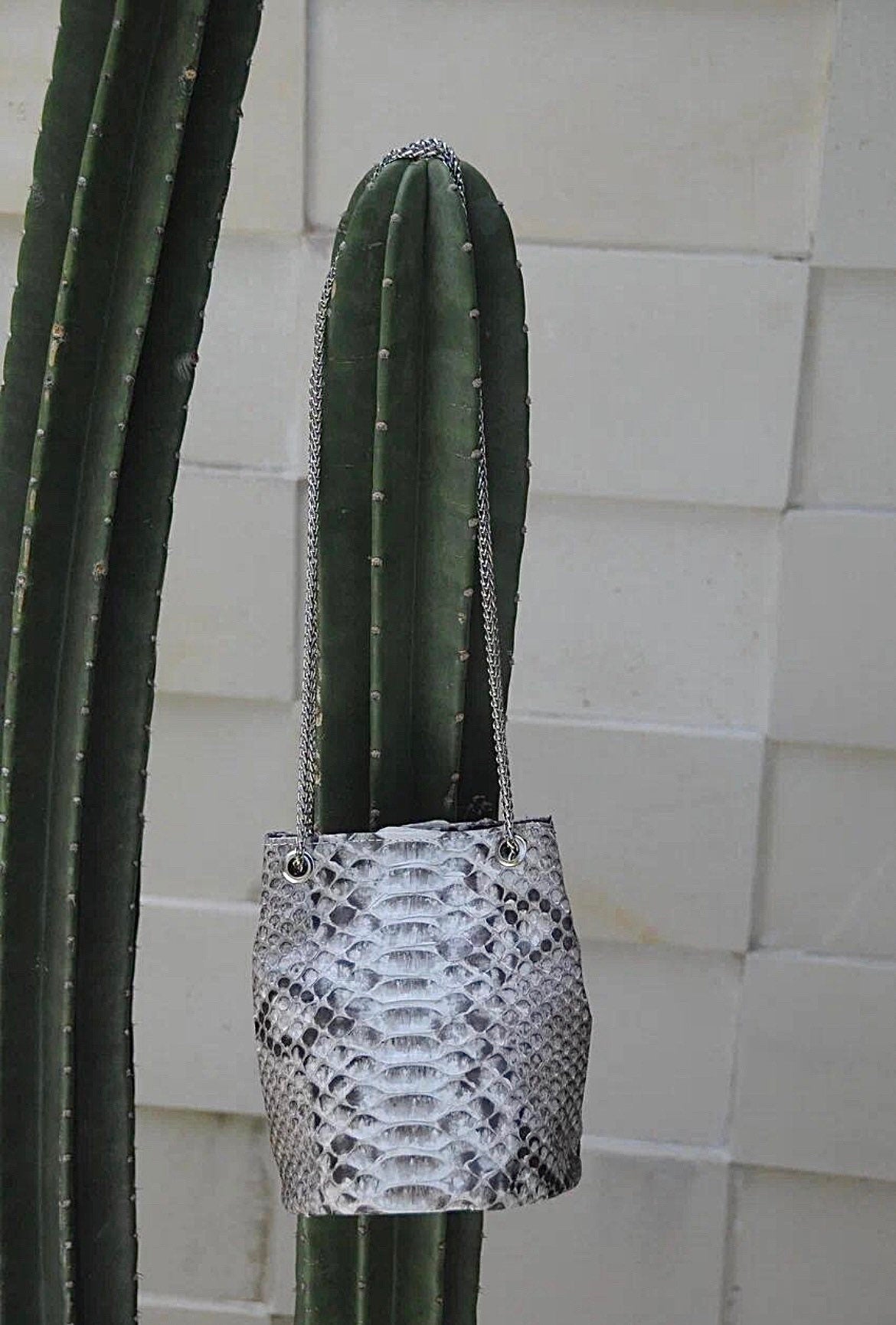 Genuine Python Skin Bucket Bag — Grey