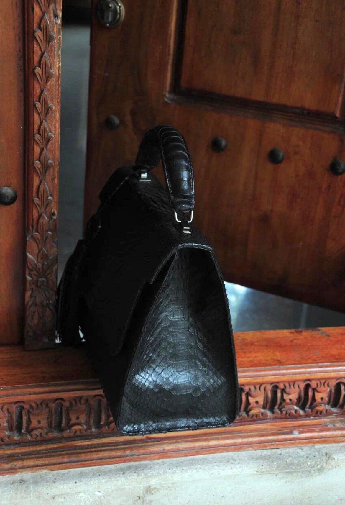 Genuine Python Skin Top Handle Big Bag — Black
