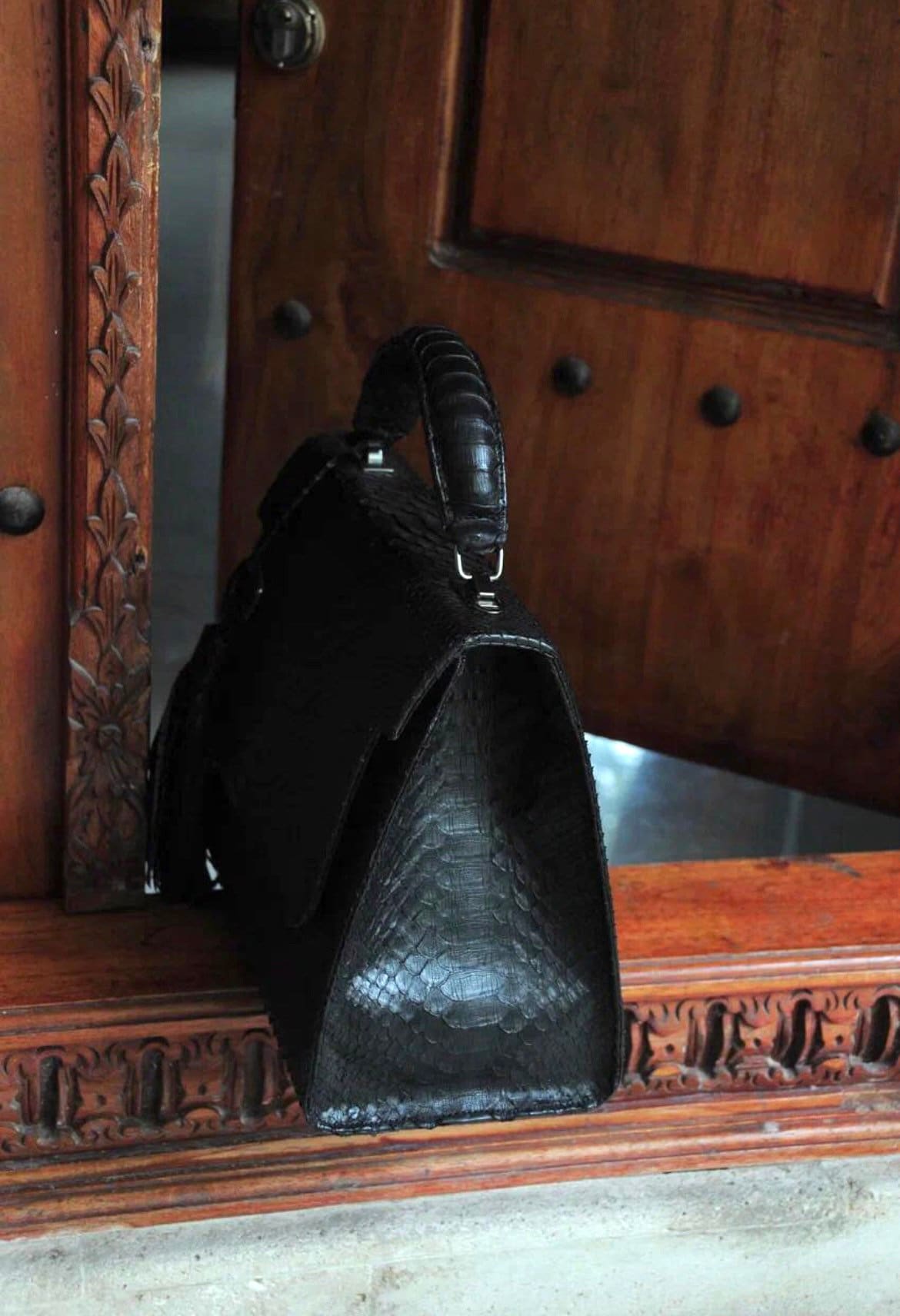 Top handle black classy genuine python skin big bag