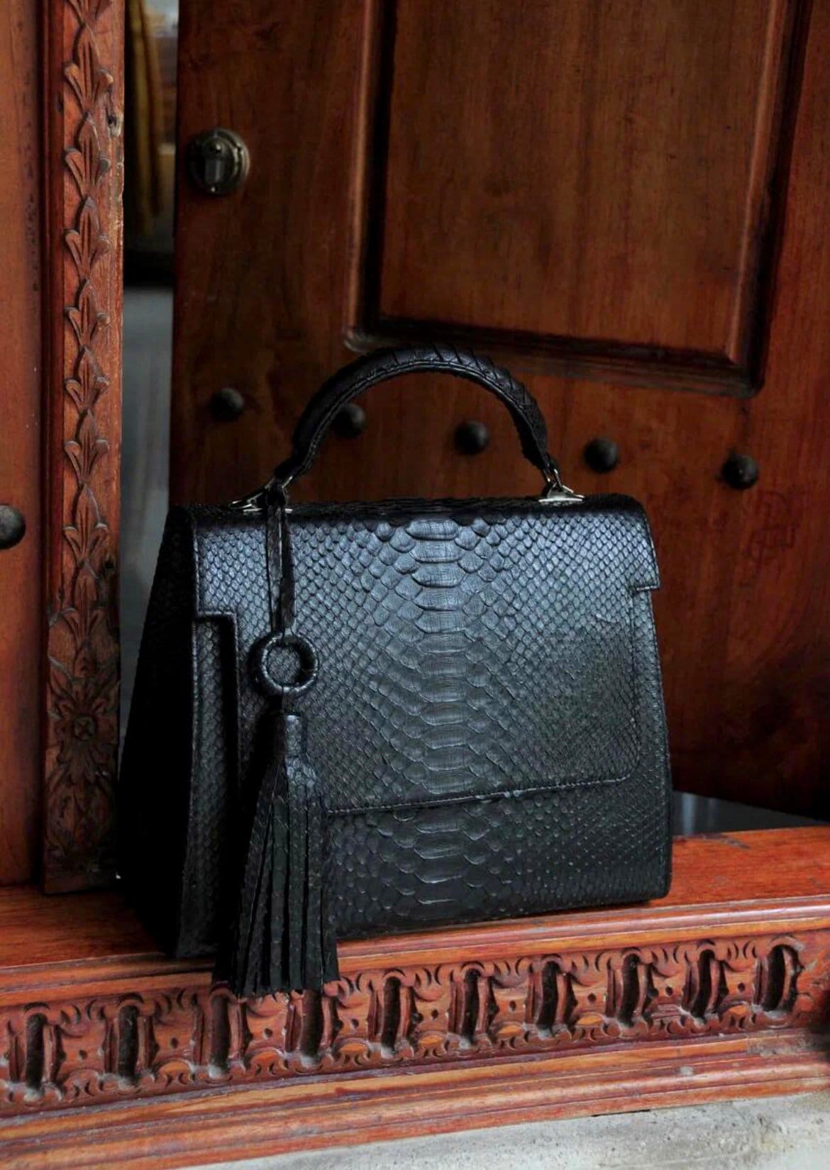 Top handle black classy genuine python skin big bag