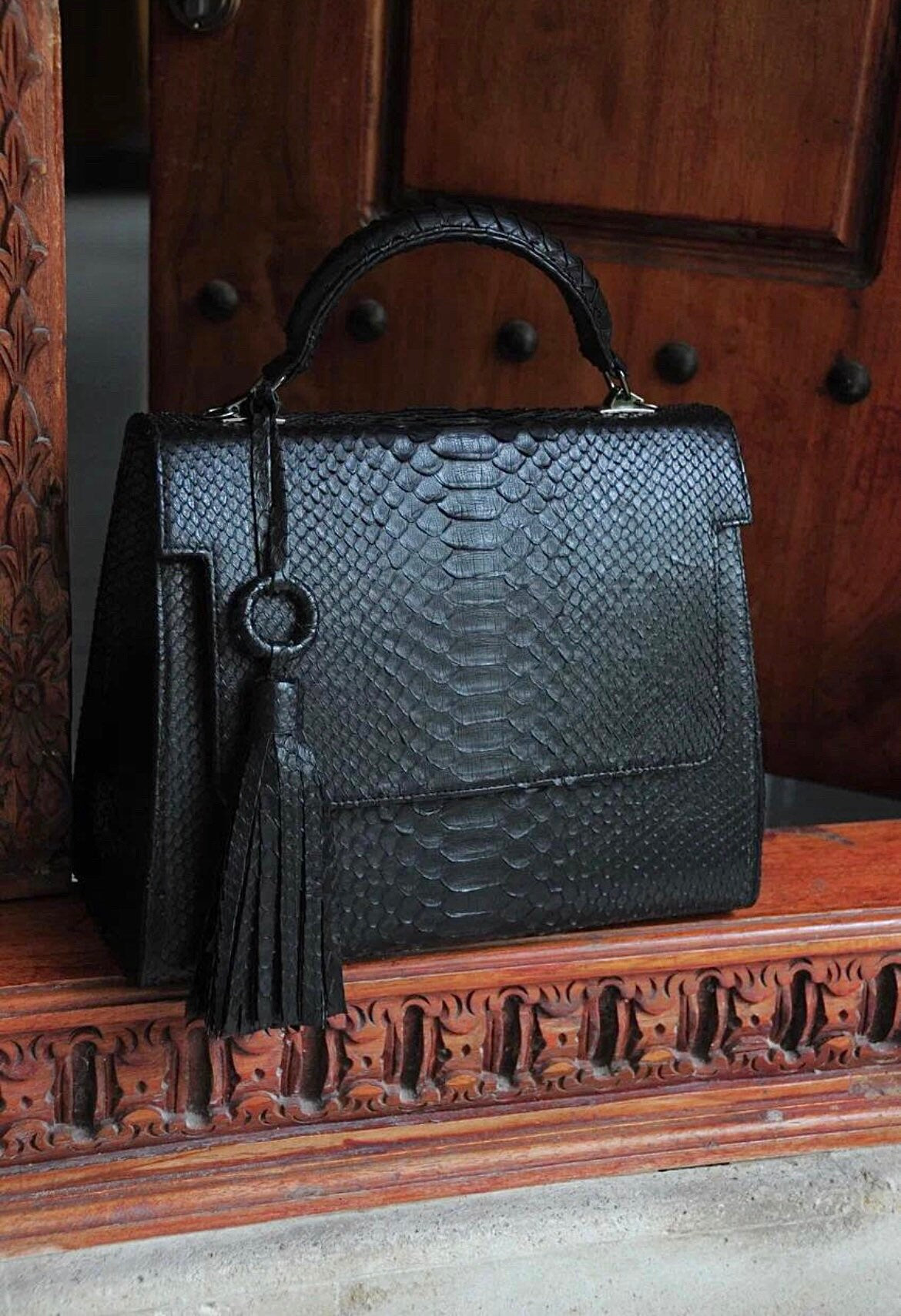 Top handle black classy genuine python skin big bag