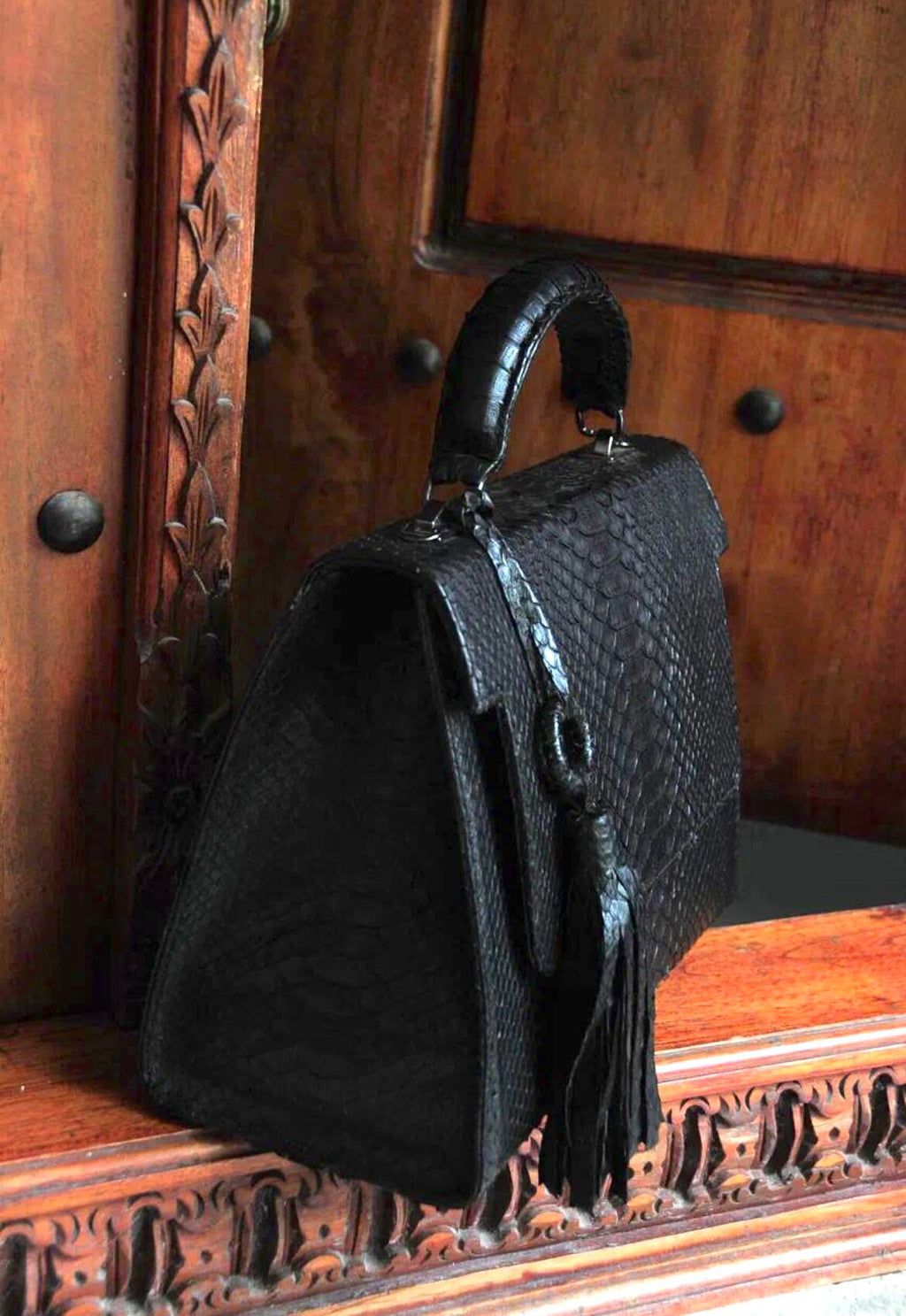 Genuine Python Skin Top Handle Big Bag — Black