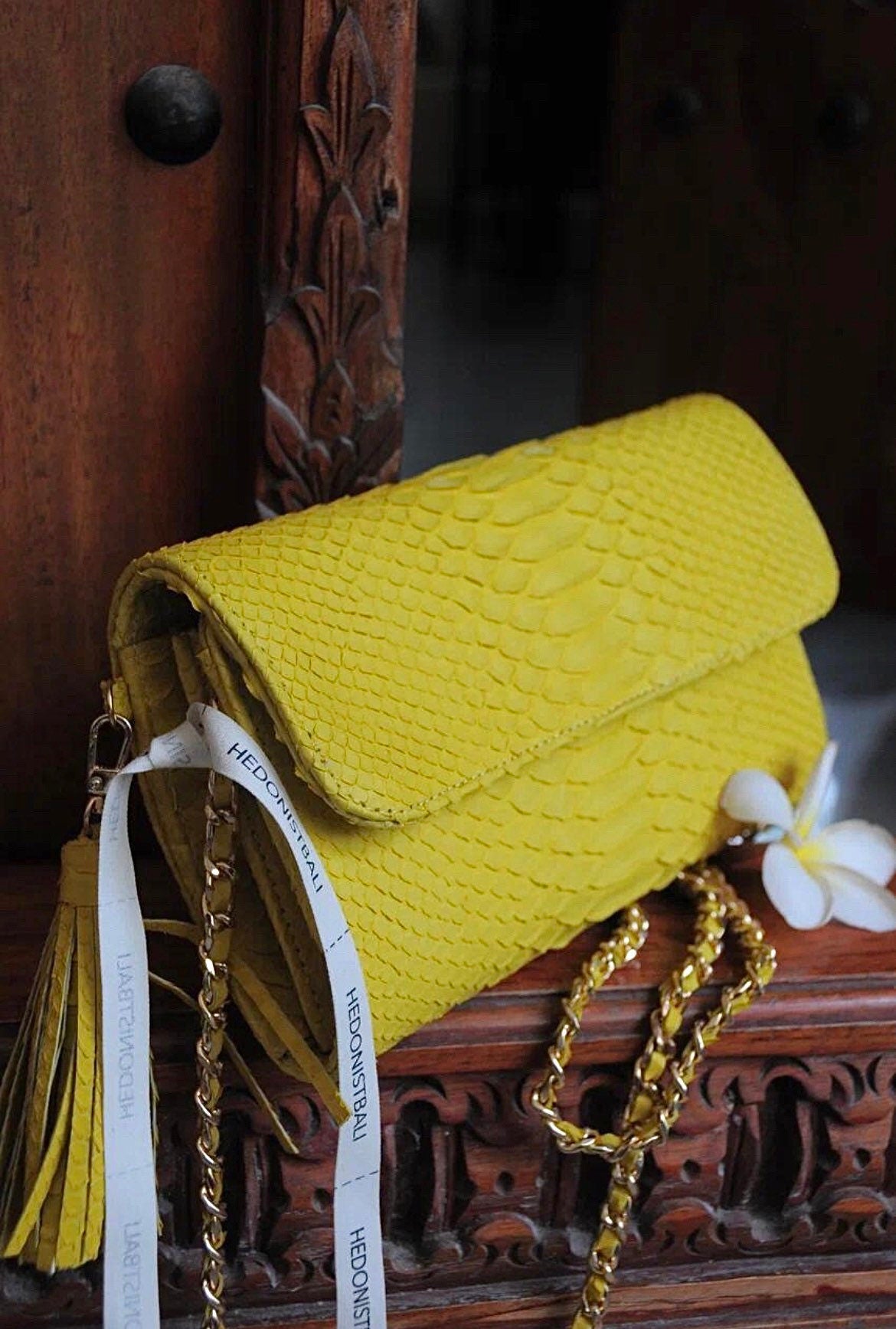 Genuine python skin classy yellow flat clutch with shoulder chain