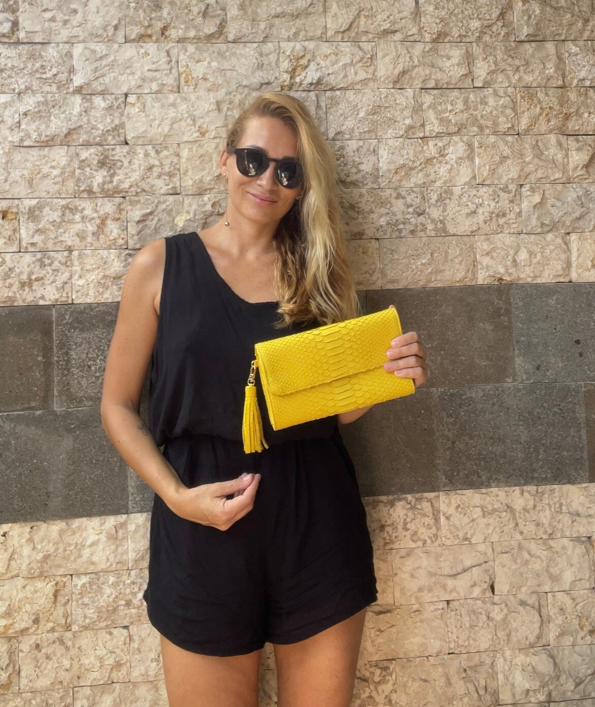 Genuine python skin classy yellow flat clutch with shoulder chain