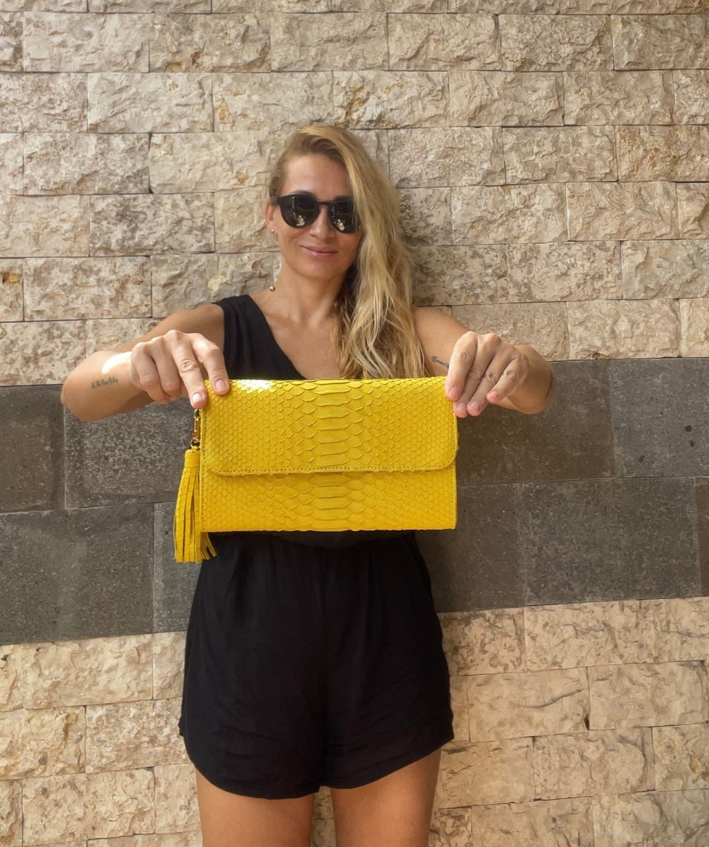 Genuine python skin classy yellow flat clutch with shoulder chain