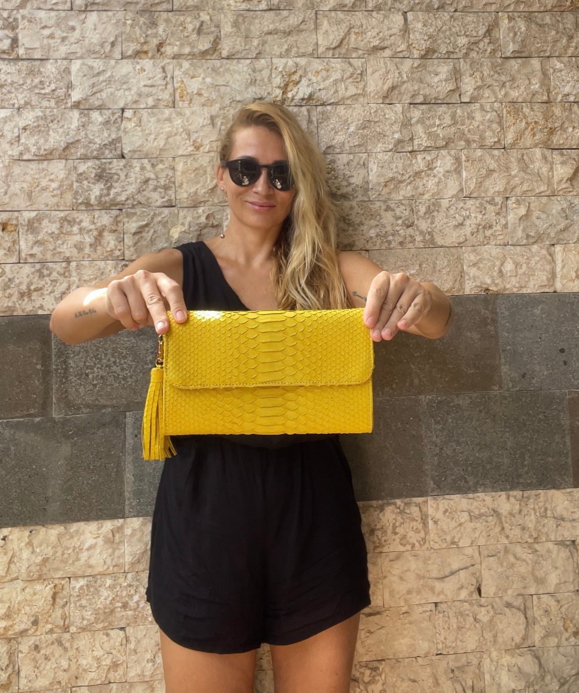 Genuine python skin classy yellow flat clutch with shoulder chain