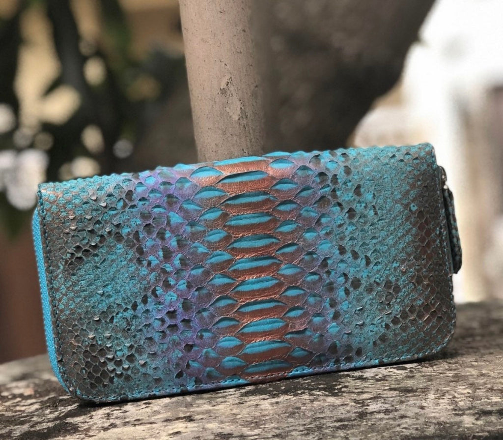 Genuine Python Skin Wallet — Light Blue