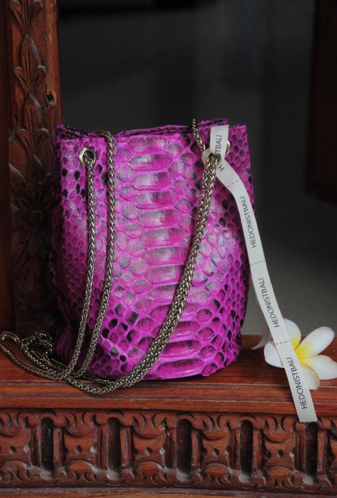 Genuine Python Skin Bucket Bag — Fuchsia
