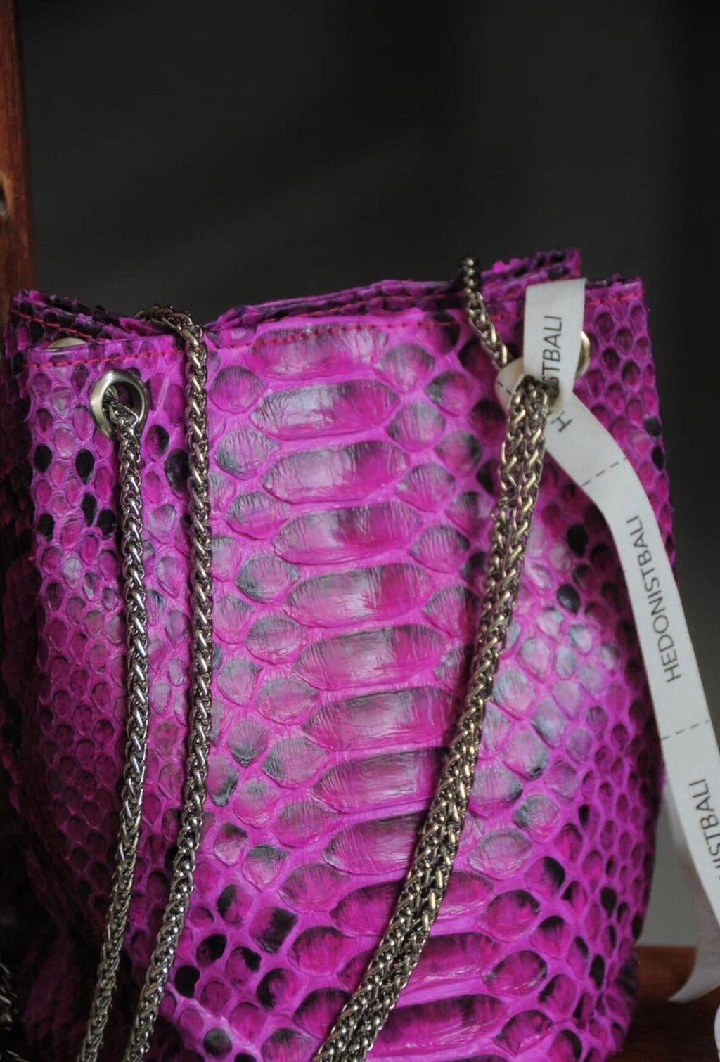 Genuine Python Skin Bucket Bag — Fuchsia