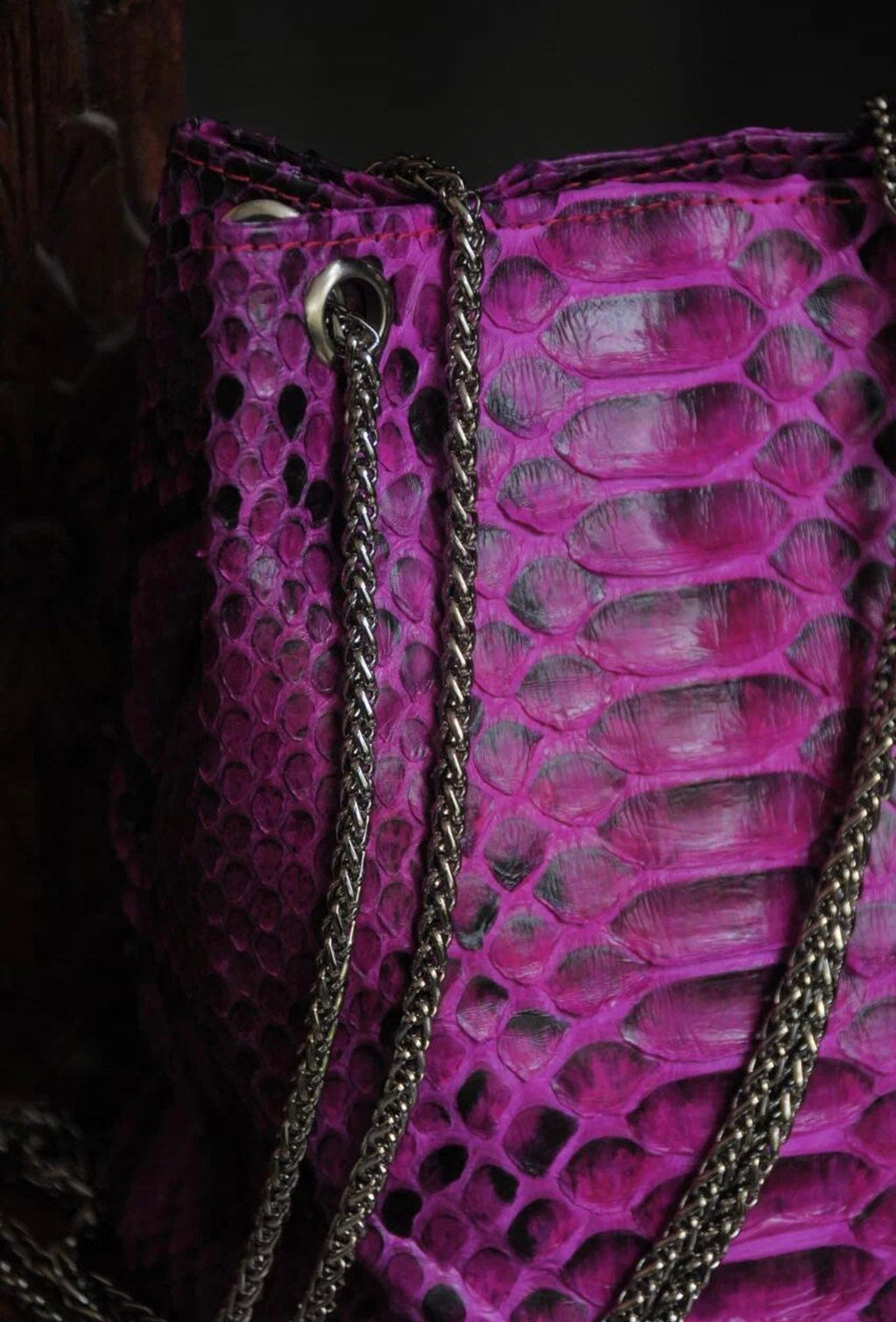 Genuine Python Skin Bucket Bag — Fuchsia