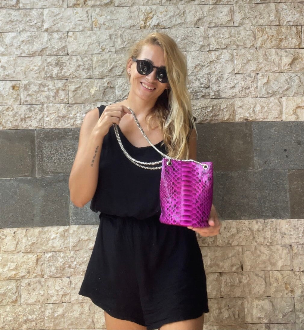 Genuine Python Skin Bucket Bag — Fuchsia