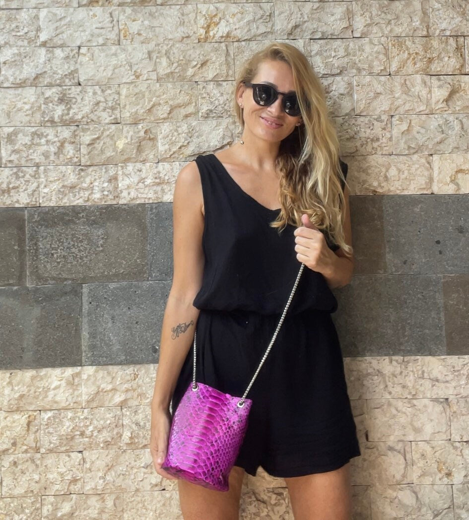 Genuine Python Skin Bucket Bag — Fuchsia