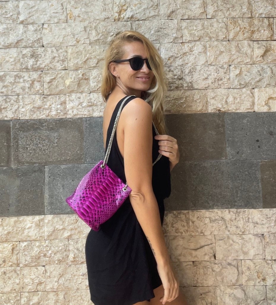 Genuine Python Skin Bucket Bag — Fuchsia