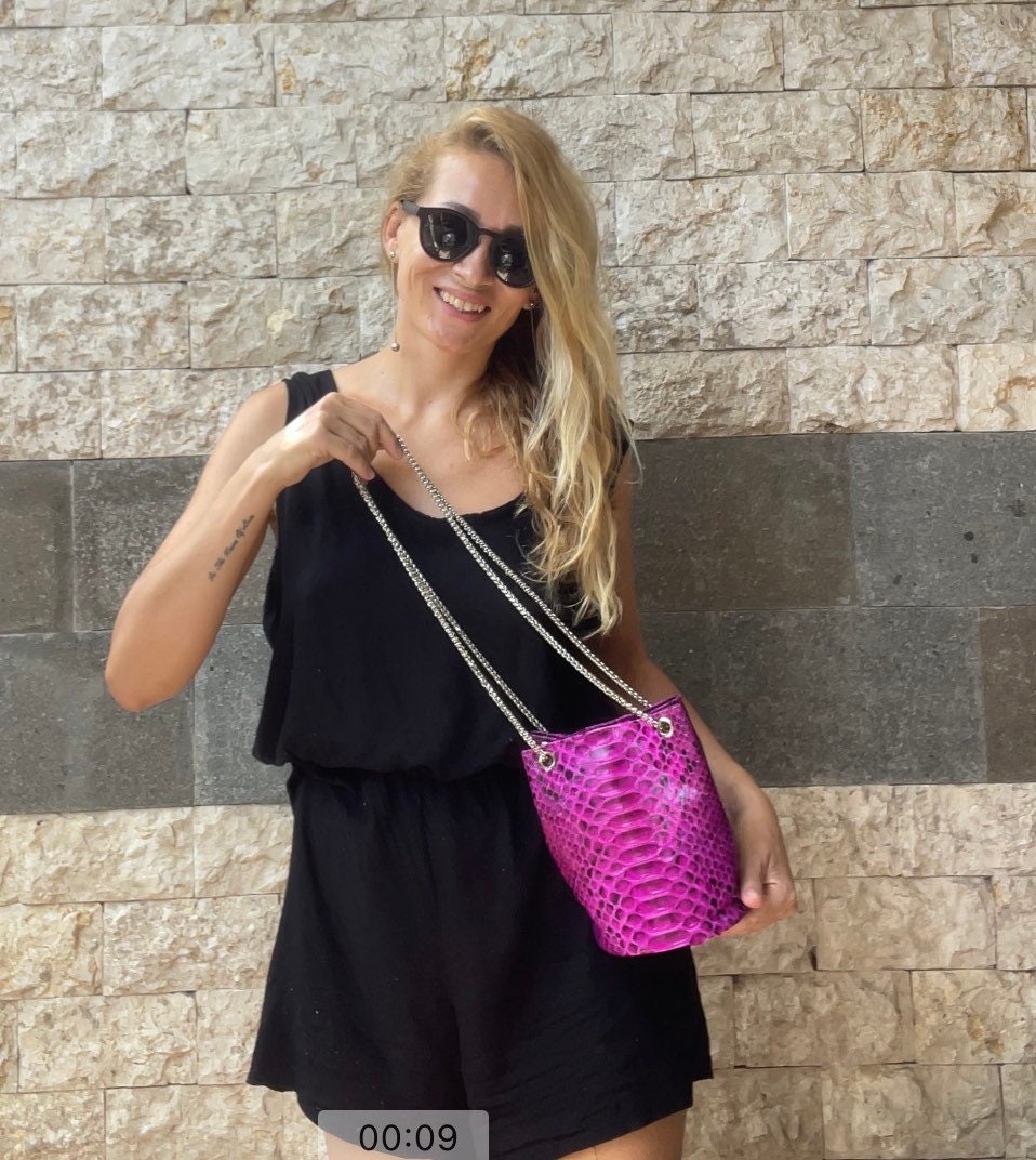 Genuine Python Skin Bucket Bag — Fuchsia