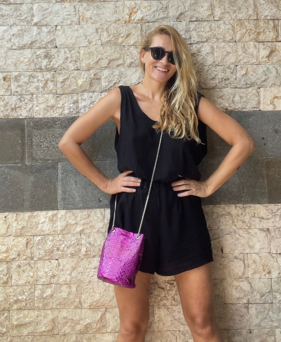 Genuine Python Skin Bucket Bag — Fuchsia