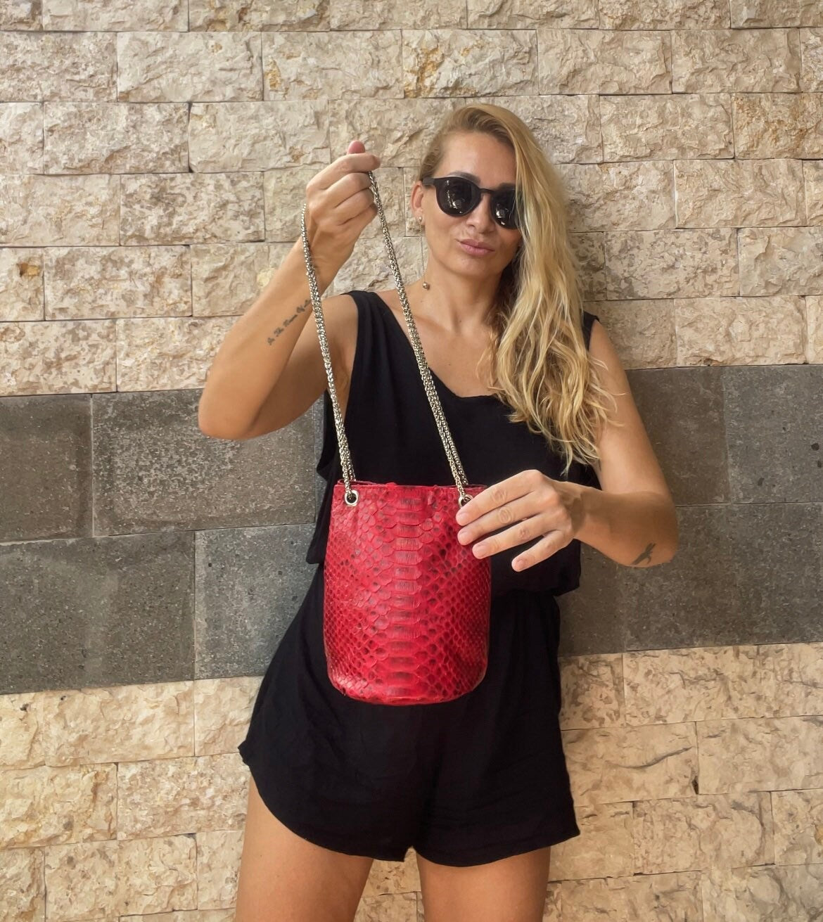 Genuine Python Skin Bucket Bag — Red