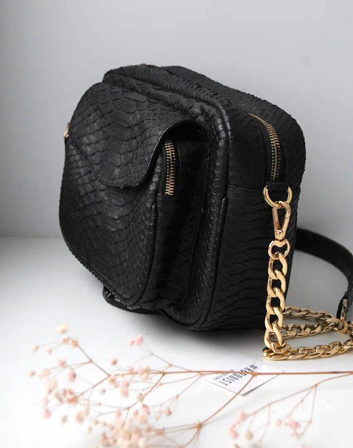 Genuine Python Skin Sport Crossbody Bag with Pocket