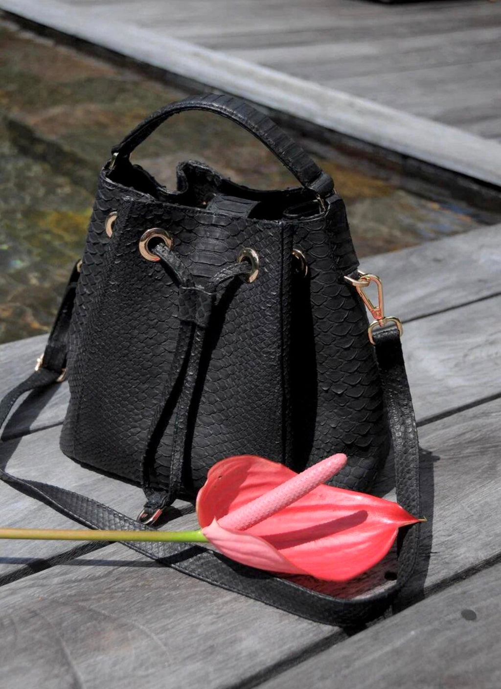 Genuine Python Skin Bucket Crossbody Bag — Black