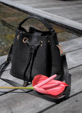 Genuine Python Skin Bucket Crossbody Bag — Black