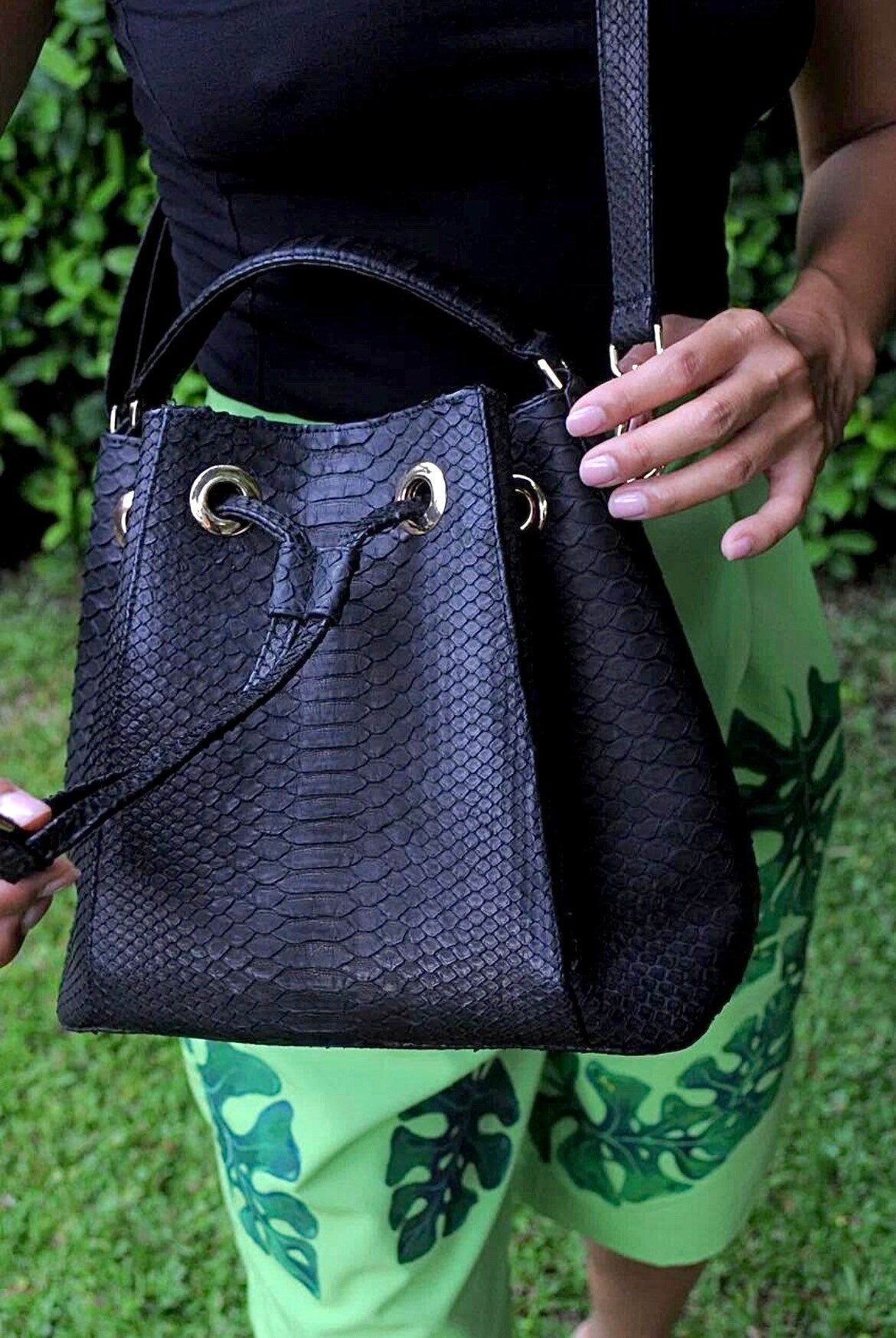 Genuine Python Skin Bucket Crossbody Bag — Black