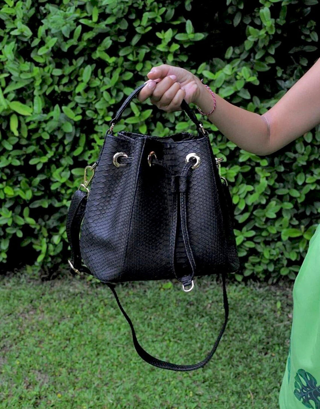 Genuine Python Skin Bucket Crossbody Bag — Black