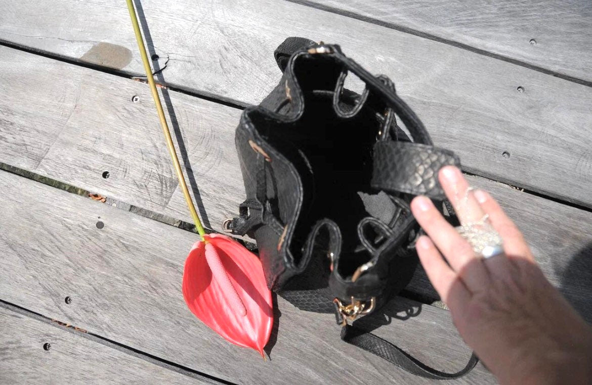 Genuine python skin black bucket crosshandle bag