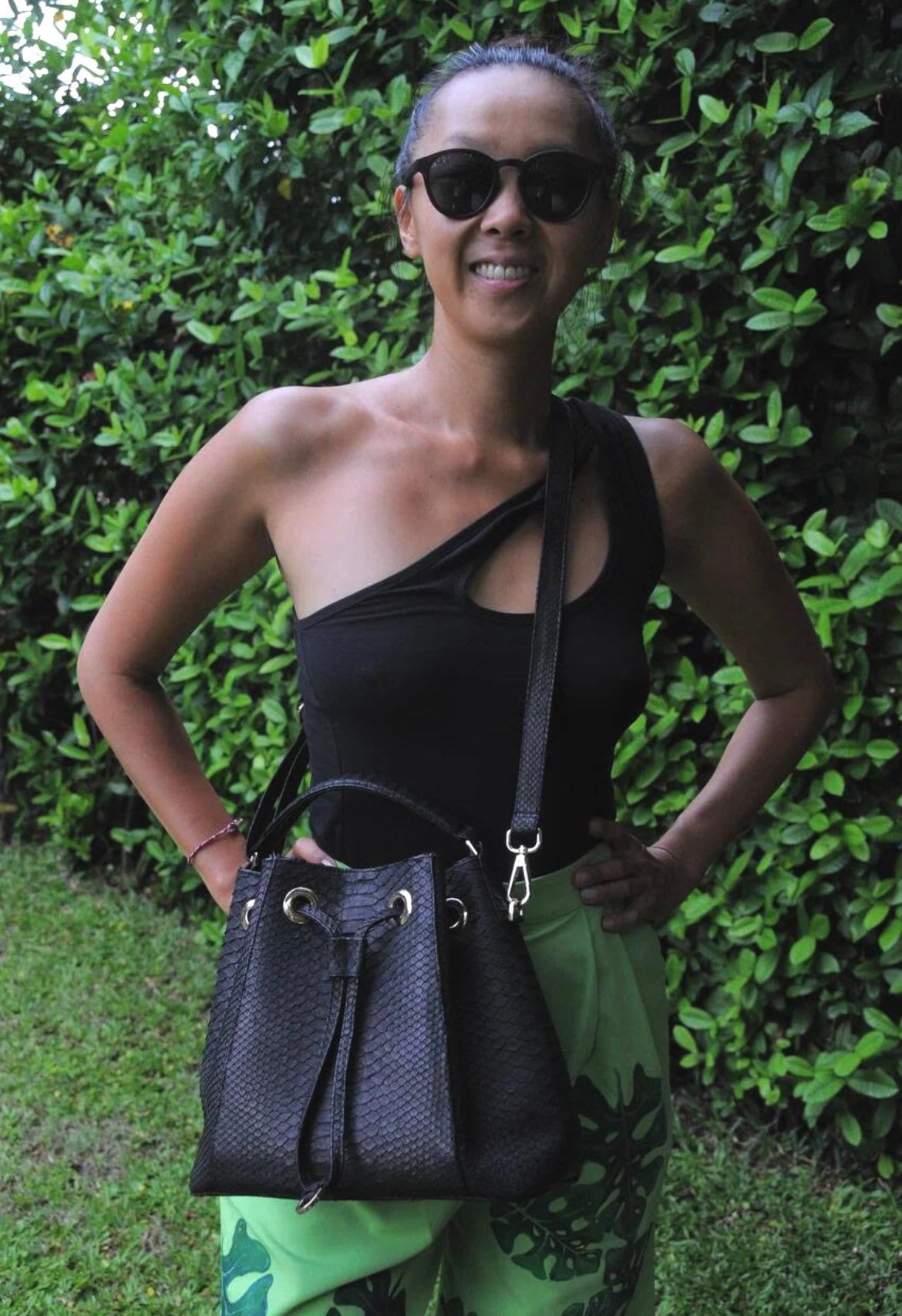 Genuine python skin black bucket crosshandle bag