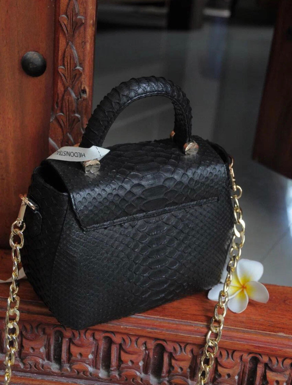 Genuine Python Skin Top Handle Bag — Black