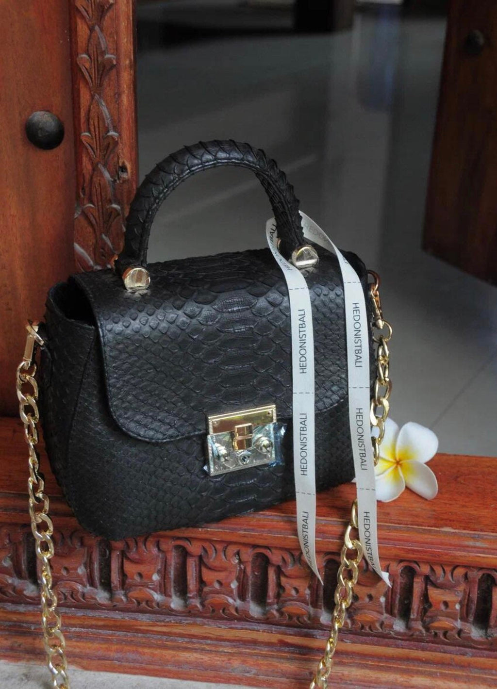 Genuine Python Skin Top Handle Bag — Black
