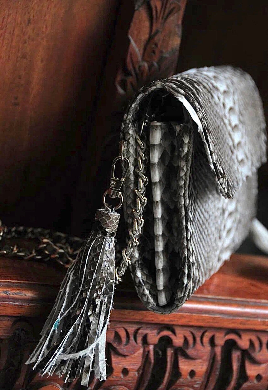 Genuine Python Skin Flat Clutch with Chain — Grey