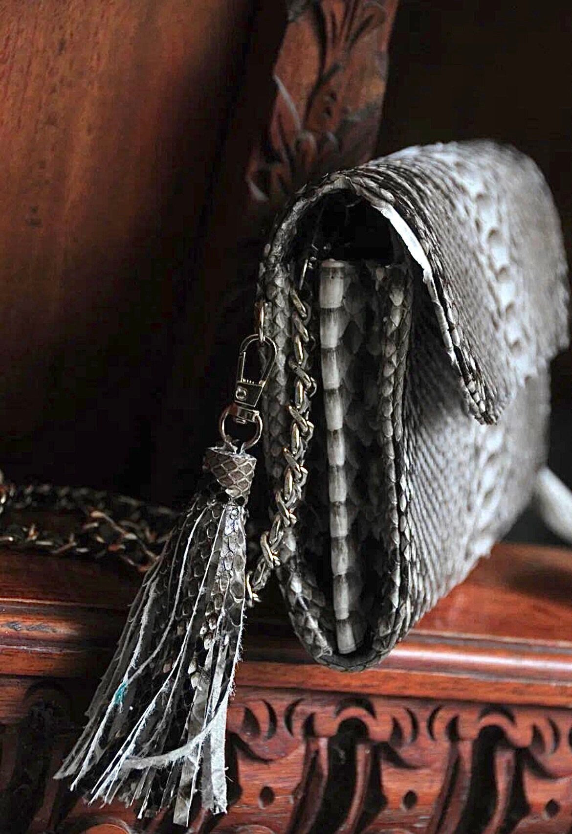 Genuine Python Skin Flat Clutch with Chain — Grey
