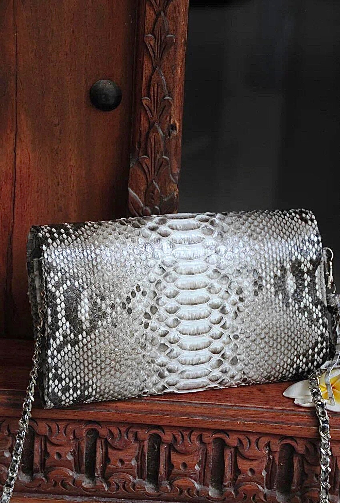 Genuine Python Skin Flat Clutch with Chain — Grey