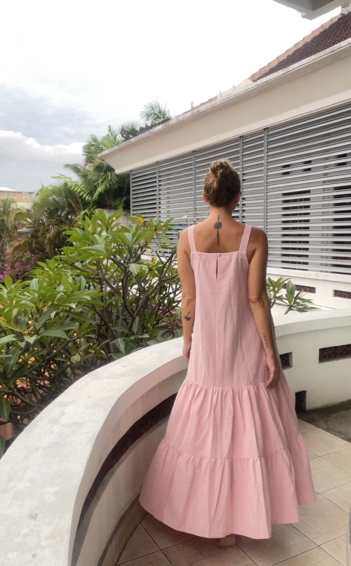 Linen loose light pink summer feminine dress / comfort women vacation summer long oversize dress | light pink designer dress