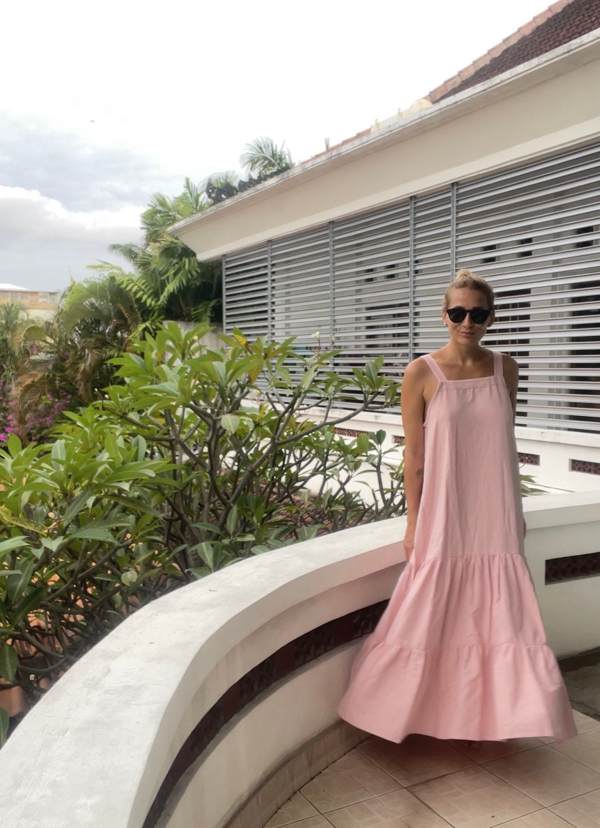 Linen loose light pink summer feminine dress / comfort women vacation summer long oversize dress | light pink designer dress