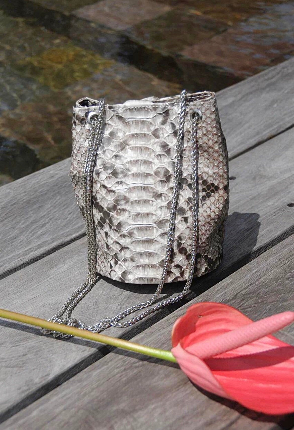 Genuine Python Skin Bucket Bag — Grey