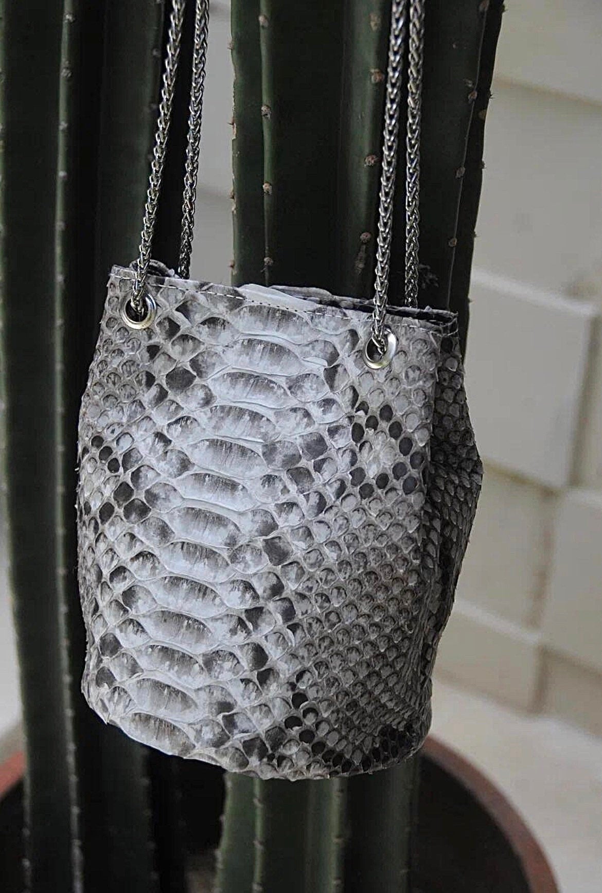Genuine Python Skin Bucket Bag — Grey