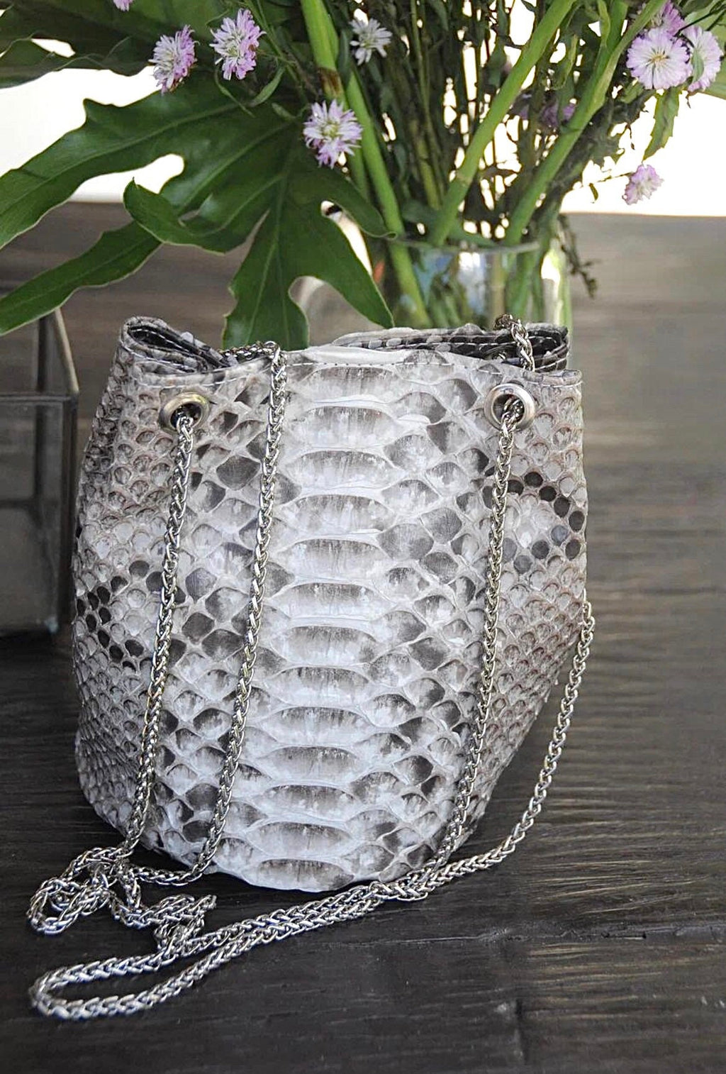 Genuine Python Skin Bucket Bag — Grey