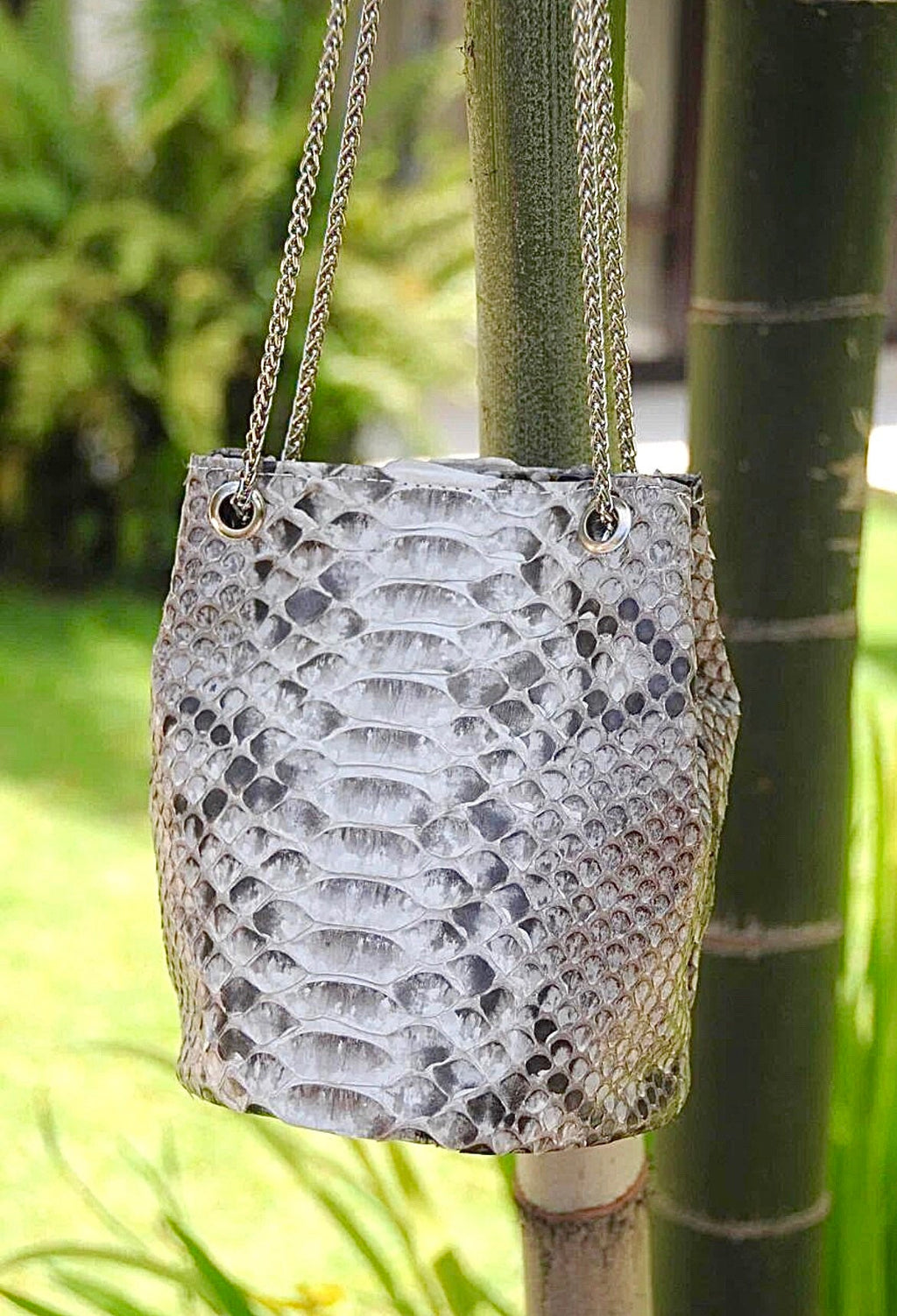 Genuine Python Skin Bucket Bag — Grey