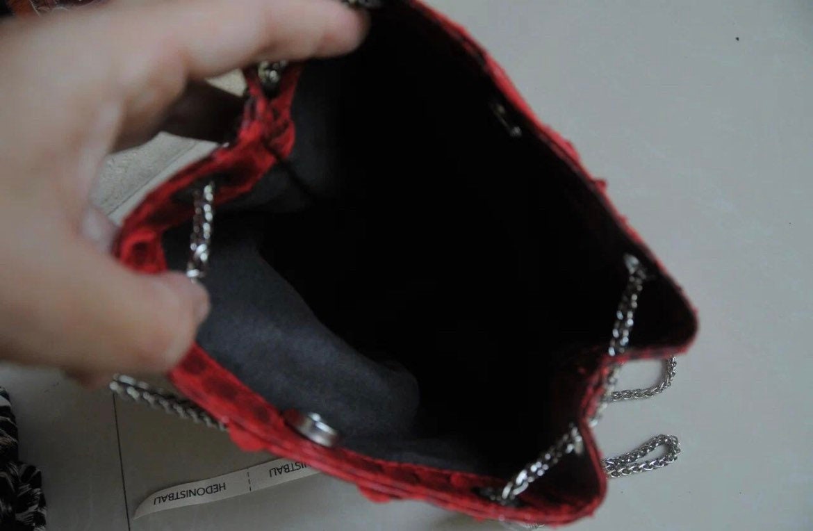 Genuine Python Skin Bucket Bag — Red