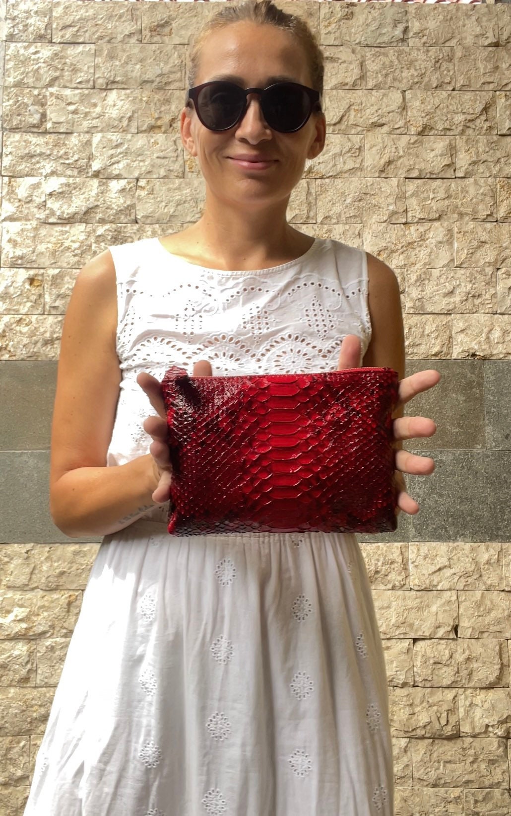 Genuine Python Skin Cosmetic Bag — Red