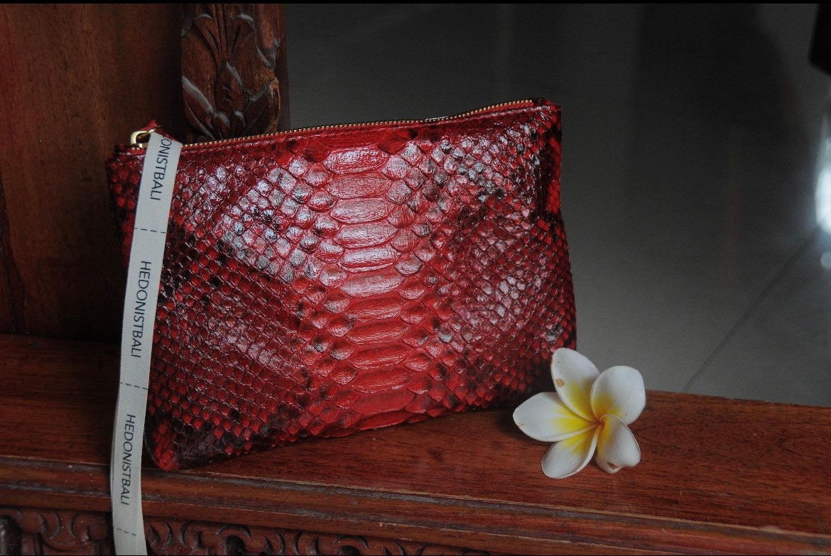 Genuine Python Skin Cosmetic Bag — Red