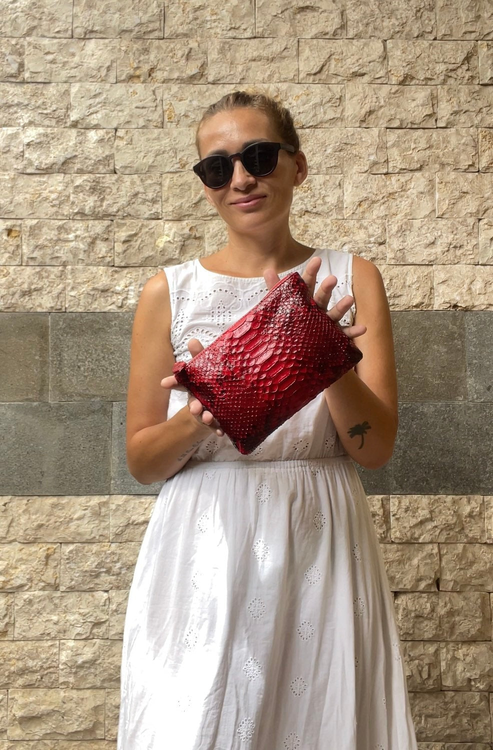 Genuine Python Skin Cosmetic Bag — Red