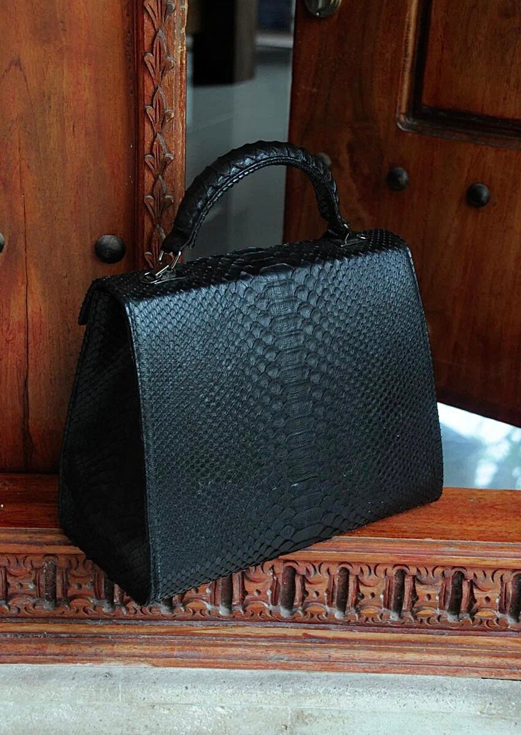Genuine Python Skin Top Handle Big Bag — Black